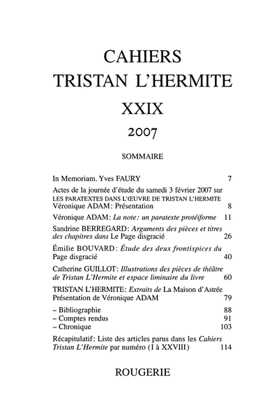 Cahiers Tristan L’Hermite. 2007, n° 29. varia